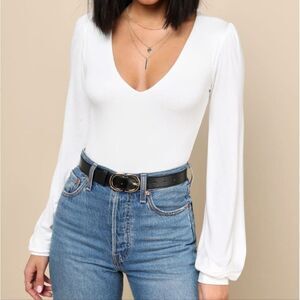 Lulus Bodycon Long Balloon Sleeve V-neck Thong Bodysuit, XS, Ivory White